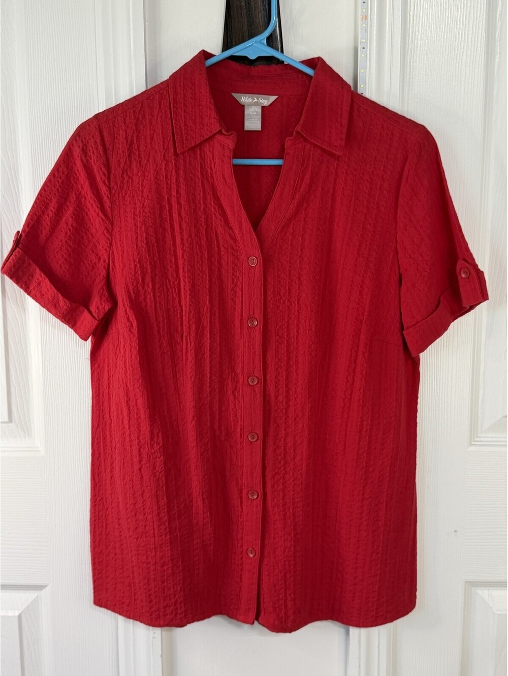White Stag Top Womens S Red Textured Short Sleeve Button Front Shirt Blouse